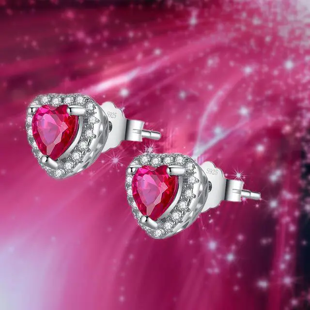 Alt view image 3 of 5 - Mabella Sterling Silver Heart Shaped Simulated Ruby Stud Earrings Gifts Gifts for Women