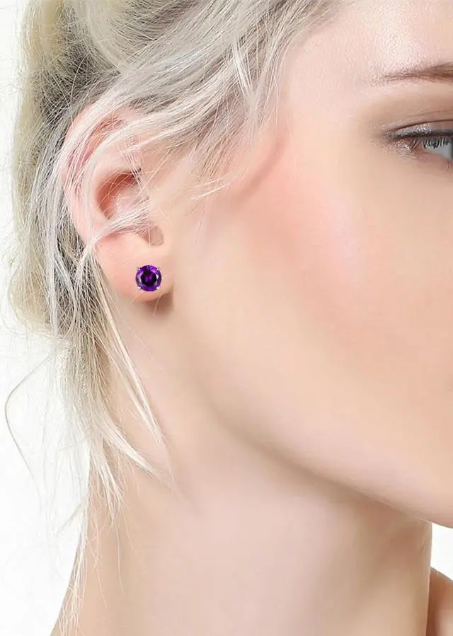 Alt view image 4 of 5 - Mabella 925 Sterling Silver 6mm Round  Simulated Amethyst Stud EarringsGifts for Women