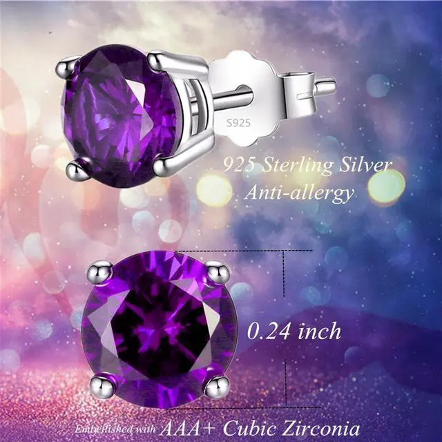 Alt view image 3 of 5 - Mabella 925 Sterling Silver 6mm Round  Simulated Amethyst Stud EarringsGifts for Women