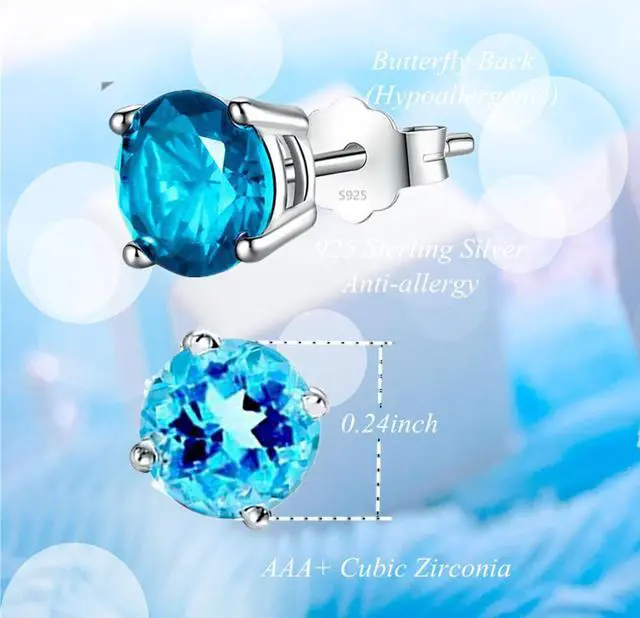 Alt view image 4 of 5 - Mabella 925 Sterling Silver 6mm Round  Simulated Blue Topaz Stud EarringsGifts for Women