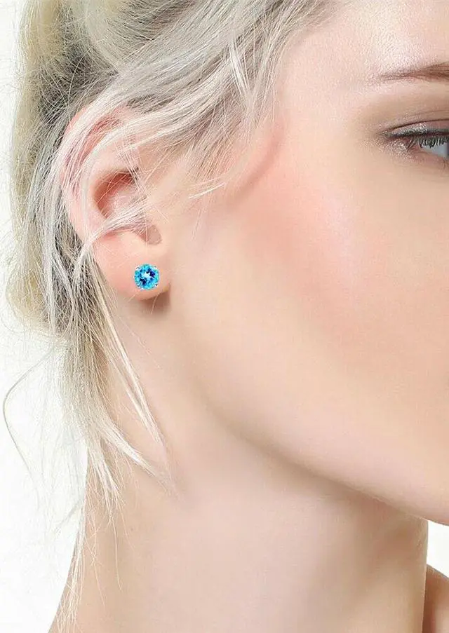 Alt view image 3 of 5 - Mabella 925 Sterling Silver 6mm Round  Simulated Blue Topaz Stud EarringsGifts for Women