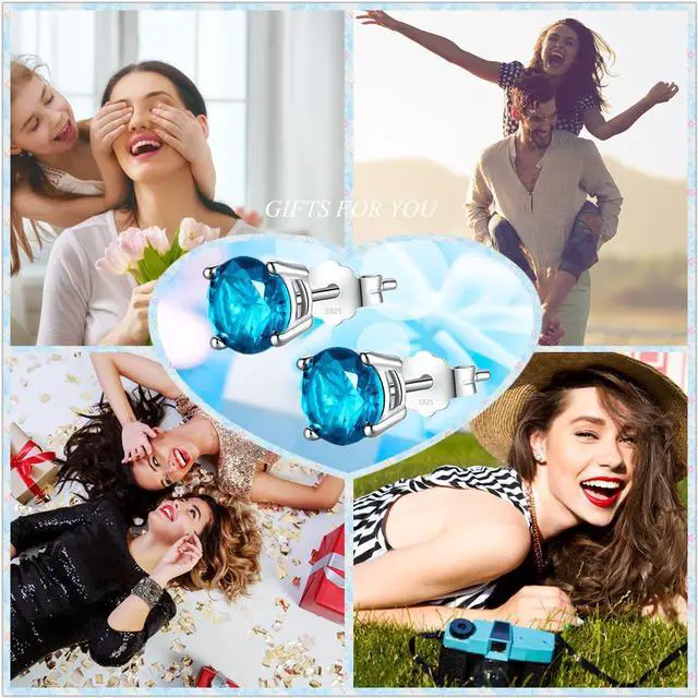 Alt view image 2 of 5 - Mabella 925 Sterling Silver 6mm Round  Simulated Blue Topaz Stud EarringsGifts for Women