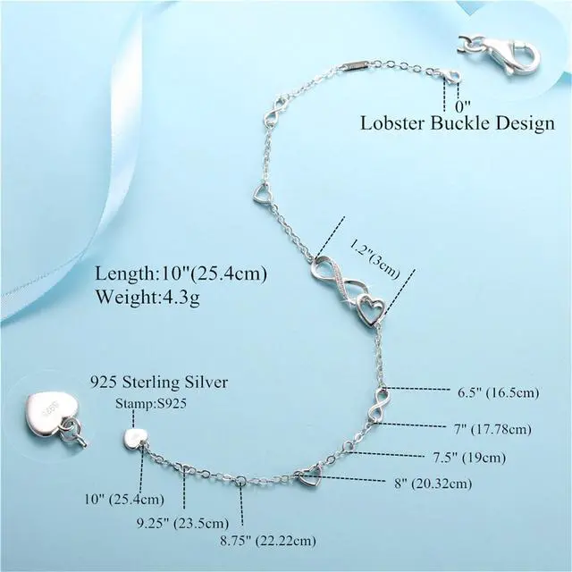 Alt view image 3 of 7 - Mabella Anklets Bracelet 18K Gold plated Sterling Silver Adjustable Infinity Endless Love Heart Charm Jewelry Gifts for Her