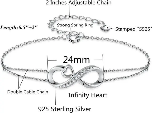 Alt view image 6 of 7 - Mabella Infinity Heart Adjustable Chain Bracelet 18K White Gold Plated Sterling Silver Endless Love Jewelry Gifts for Women