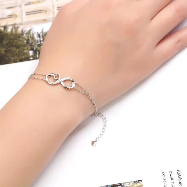 Alt view image 4 of 7 - Mabella Infinity Heart Adjustable Chain Bracelet 18K White Gold Plated Sterling Silver Endless Love Jewelry Gifts for Women