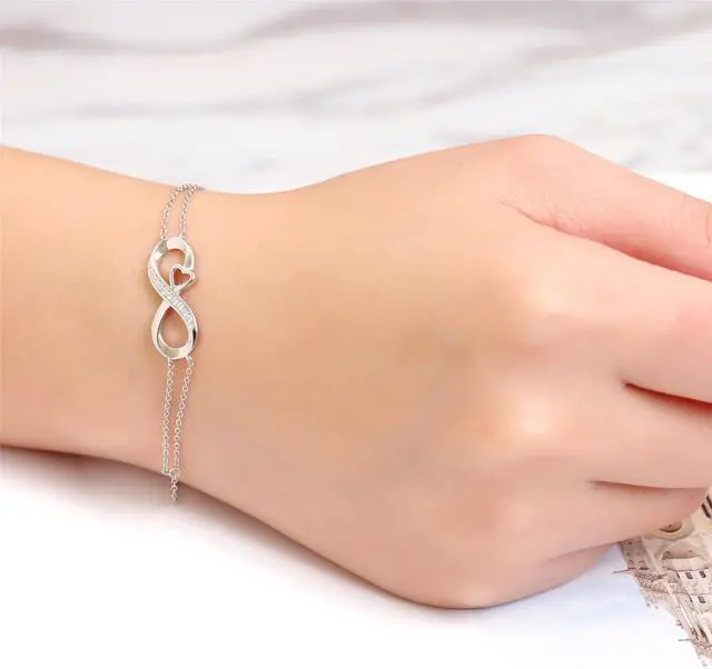 Alt view image 7 of 7 - Mabella Infinity Heart Adjustable Chain Bracelet 18K White Gold Plated Sterling Silver Endless Love Jewelry Gifts for Women