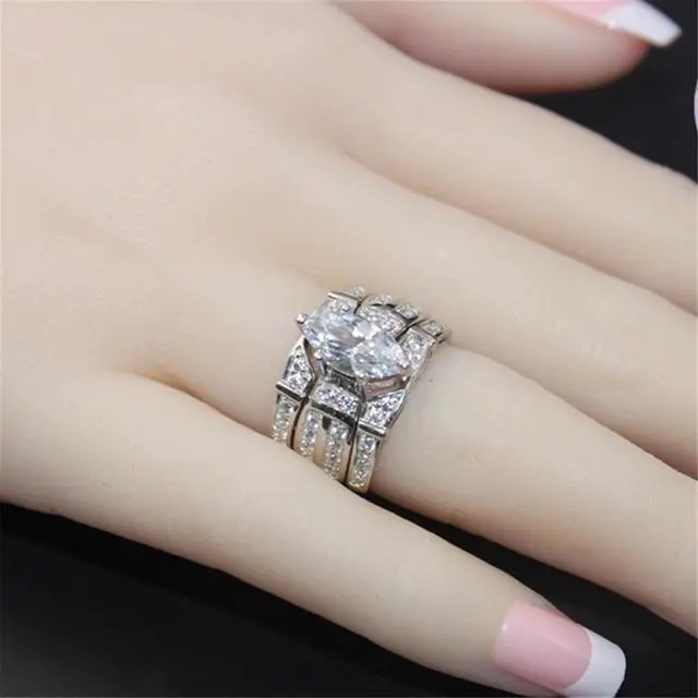 Alt view image 5 of 7 - Mabella Trio Sterling Silver Cubic Zirconia CZ Marquise Wedding Ring Set Anniversary for Women, Size 6
