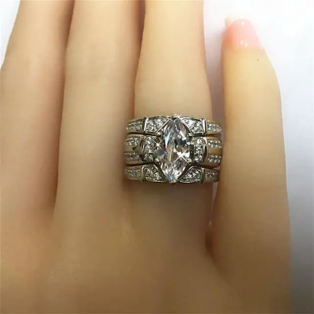 Alt view image 4 of 7 - Mabella Trio Sterling Silver Cubic Zirconia CZ Marquise Wedding Ring Set Anniversary for Women, Size 6