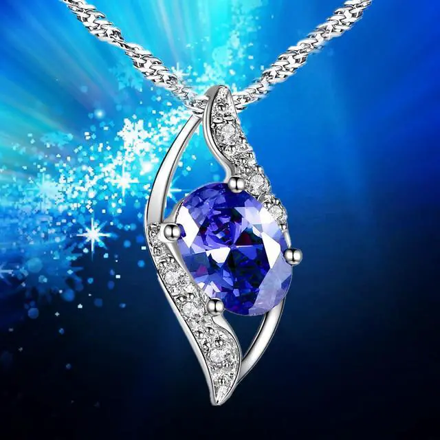 Alt view image 3 of 7 - Mabella Sterling Silver Simulated Blue Sapphire Birthstone Oval Cut Leaves Shape Pendant Necklace, Christmas Day Necklace Gifts for Women
