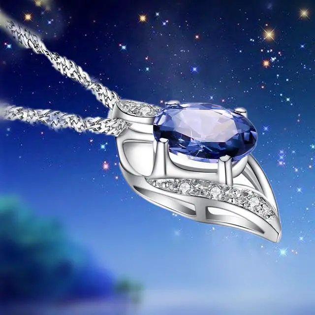 Alt view image 4 of 7 - Mabella Sterling Silver Simulated Blue Sapphire Birthstone Oval Cut Leaves Shape Pendant Necklace, Christmas Day Necklace Gifts for Women