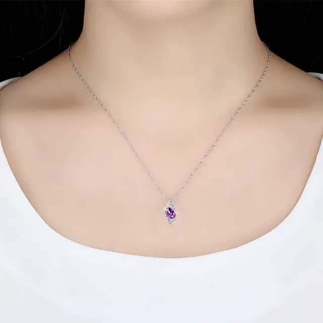 Alt view image 2 of 7 - Mabella Sterling Silver Simulated Amethyst Birthstone Oval Cut Leaves Shape Pendant Necklace, Valentines Day Necklace Gifts for Girl