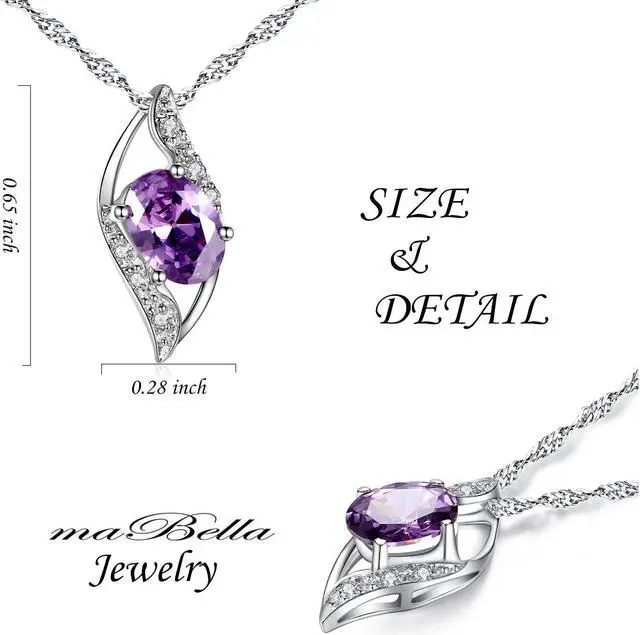 Alt view image 3 of 7 - Mabella Sterling Silver Simulated Amethyst Birthstone Oval Cut Leaves Shape Pendant Necklace, Valentines Day Necklace Gifts for Girl