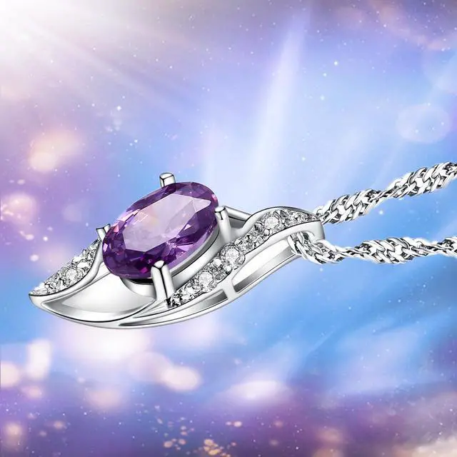 Alt view image 5 of 7 - Mabella Sterling Silver Simulated Amethyst Birthstone Oval Cut Leaves Shape Pendant Necklace, Valentines Day Necklace Gifts for Girl
