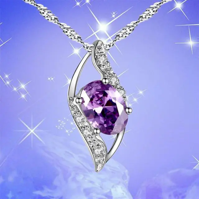 Alt view image 4 of 7 - Mabella Sterling Silver Simulated Amethyst Birthstone Oval Cut Leaves Shape Pendant Necklace, Valentines Day Necklace Gifts for Girl