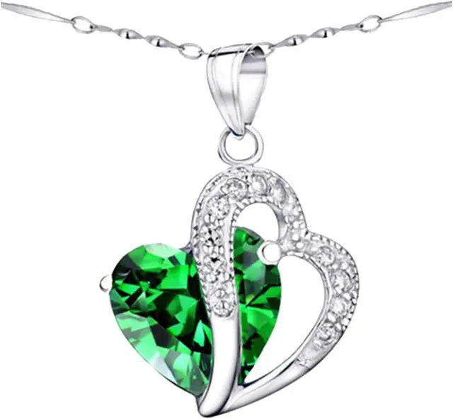 Alt view image 2 of 7 - Mabella Double Heart Simulated Emerald Pendant Necklace Stud Earrings Sterling Silver Jewelry Set Gifts for Women