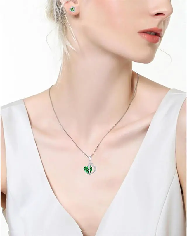 Alt view image 6 of 7 - Mabella Double Heart Simulated Emerald Pendant Necklace Stud Earrings Sterling Silver Jewelry Set Gifts for Women