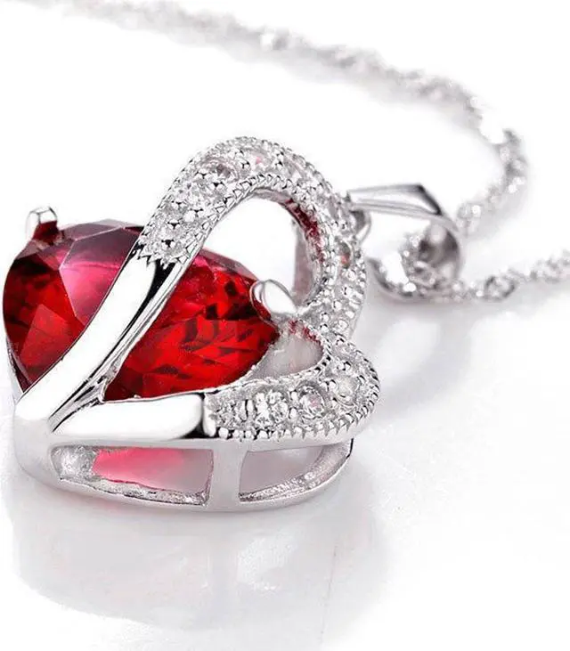 Alt view image 4 of 6 - Mabella Double Heart Simulated Red Ruby Pendant Necklace Stud Earrings Sterling Silver Jewelry Set Gifts for Women