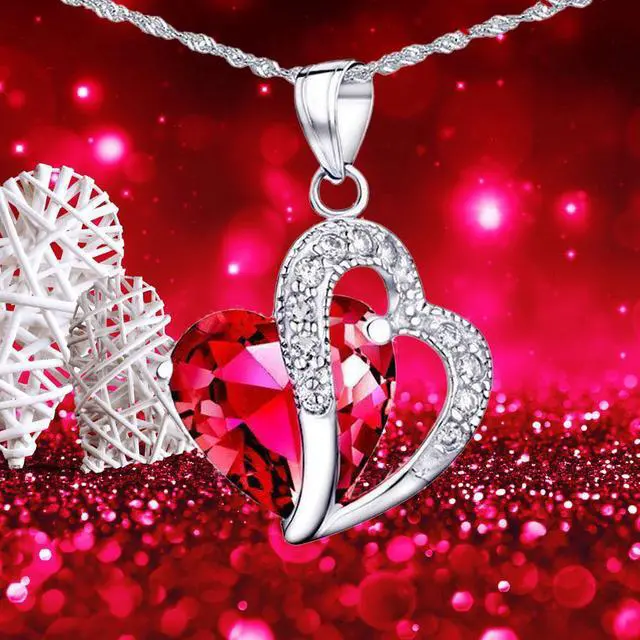 Alt view image 2 of 6 - Mabella Double Heart Simulated Red Ruby Pendant Necklace Stud Earrings Sterling Silver Jewelry Set Gifts for Women