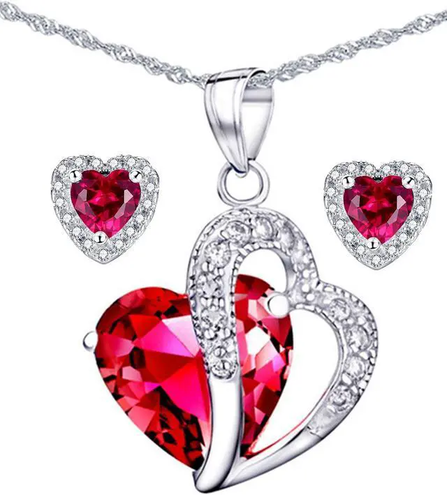 Main image of Mabella Double Heart Simulated Red Ruby Pendant Necklace Stud Earrings Sterling Silver Jewelry Set Gifts for Women
