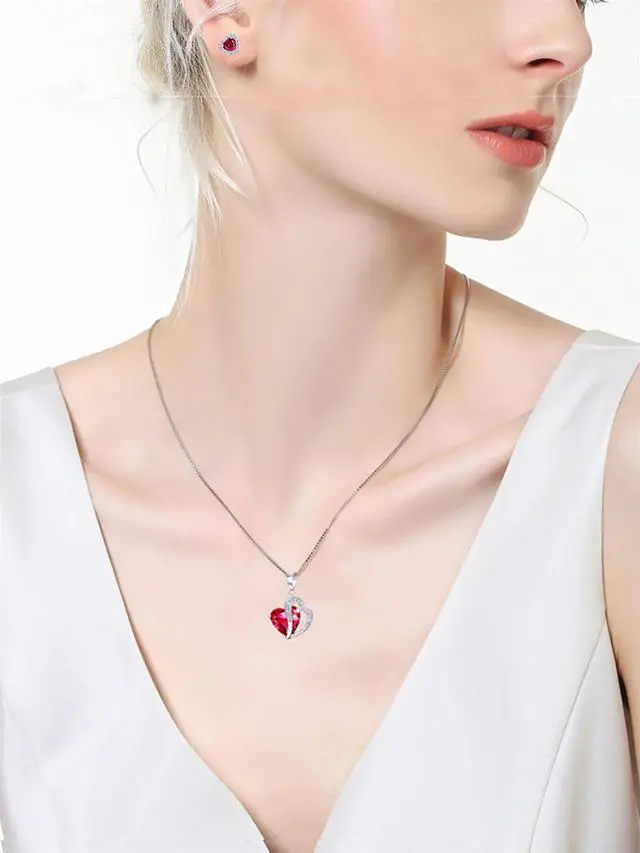 Alt view image 5 of 6 - Mabella Double Heart Simulated Red Ruby Pendant Necklace Stud Earrings Sterling Silver Jewelry Set Gifts for Women