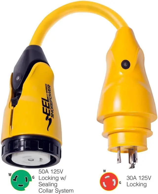 Alt view image 4 of 9 - Marinco P30-503 EEL 50A-125V Female to 30A-125V Male Pigtail Adapter - Yellow
