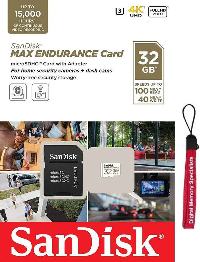 Main image of SanDisk 32GB MAX ENDURANCE 100MB/s microSDHC C10 U3 V30 4K 32G microSD micro SD SDHC Memory Card with Adapter for Home Security Cameras and Dash Cams SDSQQVR-032G-GN6IA with OEM Lanyard