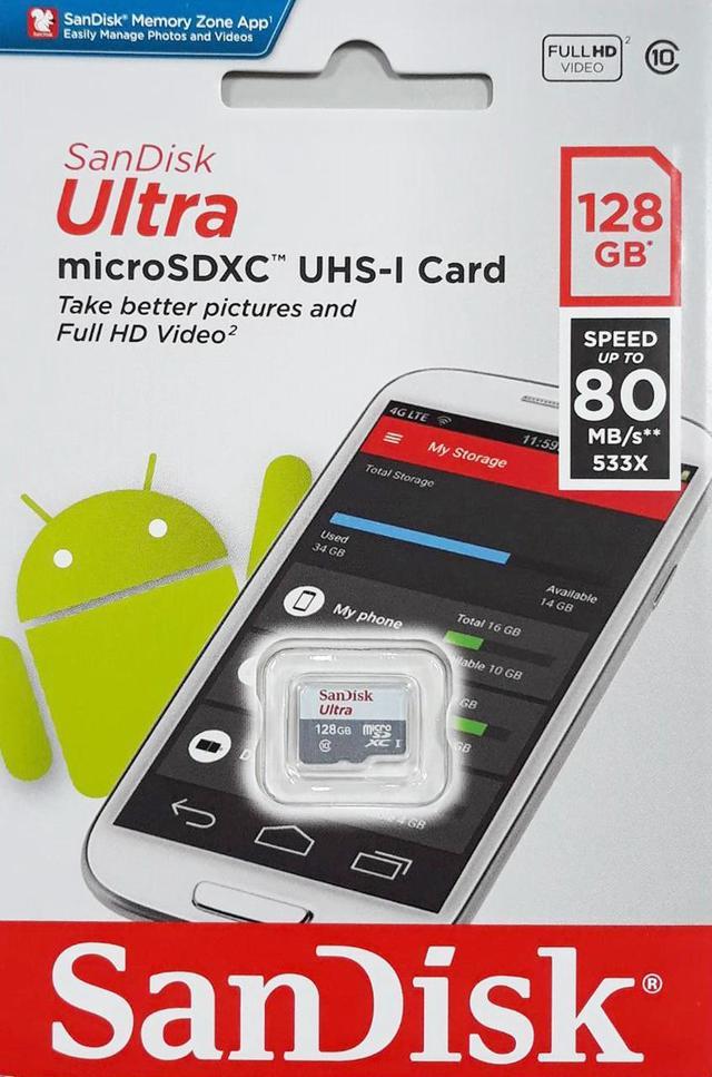 SanDisk Ultra 128GB UHS-I Class 10 MicroSDXC Memory Card Up to 80mb/s  SDSQUNC-128G with Adapter
