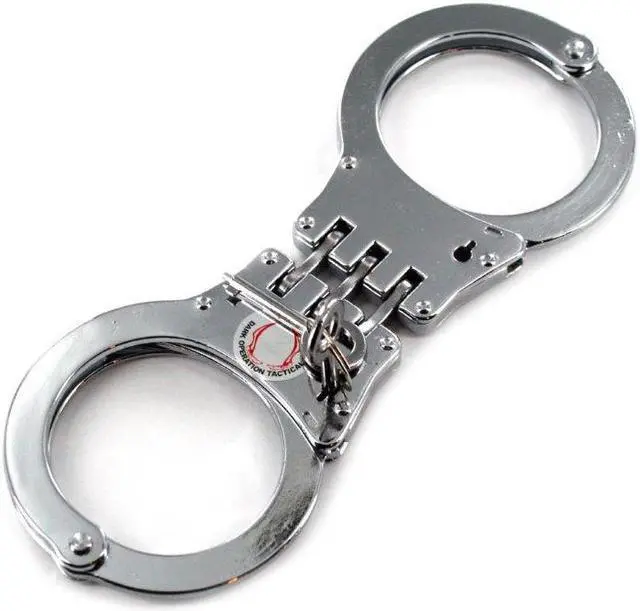 Main image of Professional Grade Steel Detective Double Lock Handcuffs With 3 Hinges. Made in Taiwan.