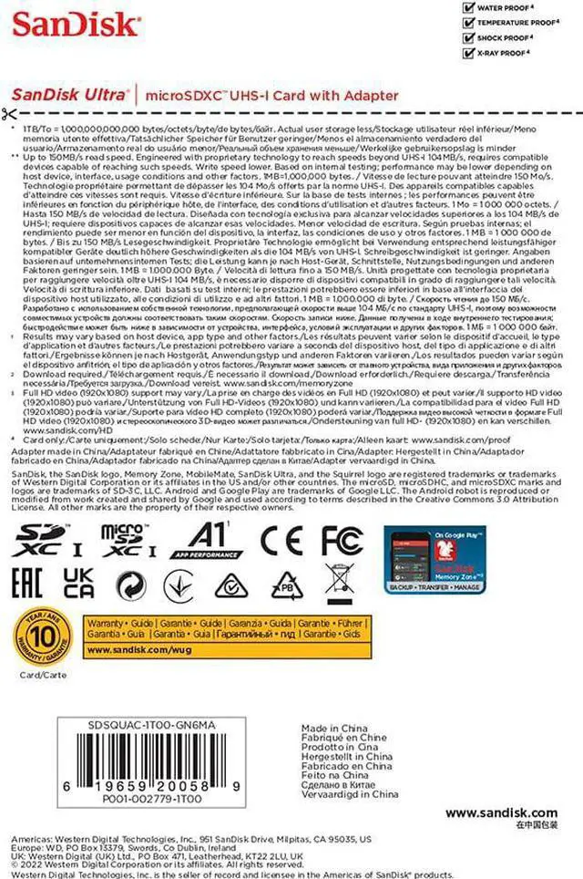 Alt view image 6 of 7 - SanDisk 1TB Ultra microSDXC A1 UHS-I/U1 Class 10 Memory Card with Adapter, Speed Up to 150MB/s (SDSQUAC-1T00-GN6MA)