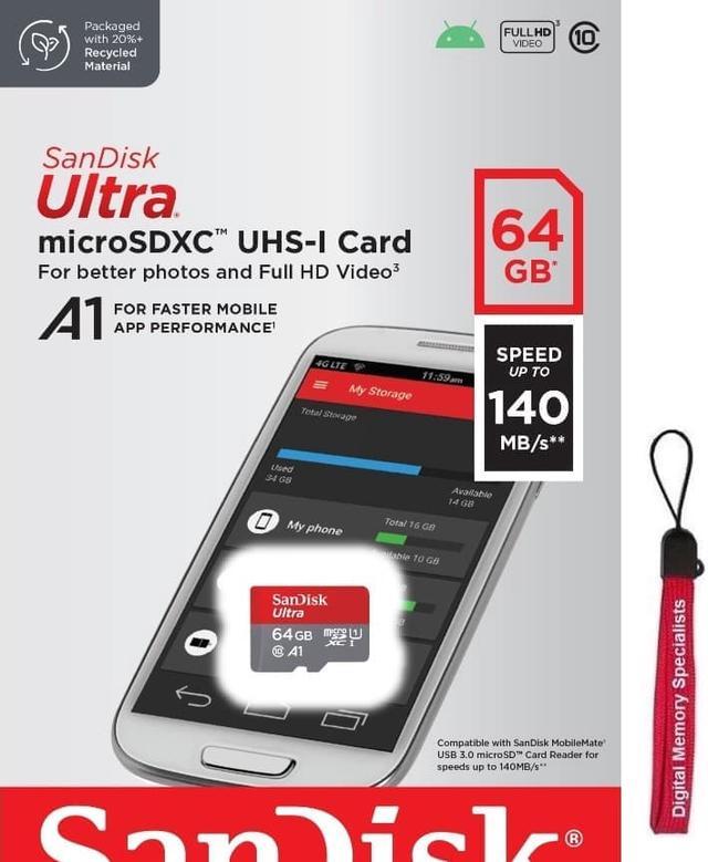 SanDisk Ultra 64GB microSDXC UHS-I Card with Adapter, Grey/Red