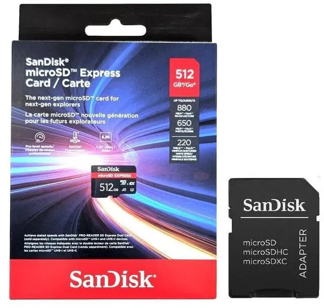 Main image of SanDisk 512GB microSD Express Card microSDXC micro SDXC 512G - Works with Nintendo-Switch 2, Up to 880MB/s Read, Up to 650MB/s Write, 210MB/s Sustained Write, U3, C10 with Adapter - SDSQXFN-512G-GN4NN
