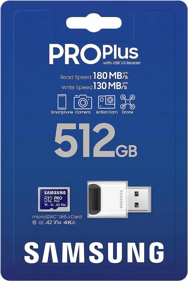 Main image of SAMSUNG PRO Plus microSD Memory Card + Reader, 512GB MicroSDXC, Up to 180 MB/s, Full HD & 4K UHD, UHS-I, C10, U3, V30, A2 for Android Phones, Tablets, GoPRO, DJI Drone, MB-MD512SB/AM, 2023
