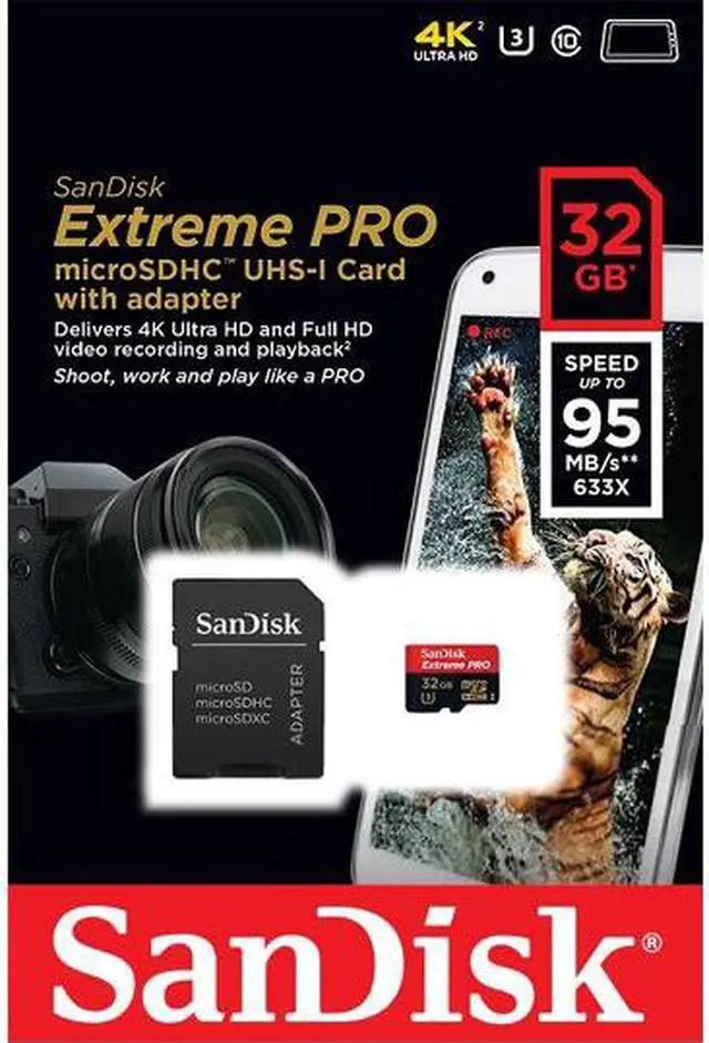 Alt view image 3 of 6 - SanDisk 32GB 32G microSDHC Extreme Pro 95MB/s UHS-I U3 4K Class 10 microSD micro SD SDHC C10 633X Card SDSDQXP-032G fit Samsung Galaxy S4 S5 Note with microUSB OTG USB 2.0 Reader