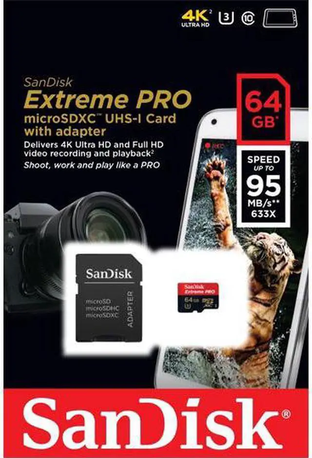 Alt view image 2 of 5 - SanDisk 64GB 64G microSDXC Extreme Pro 95MB/s UHS-I U3 4K Class 10 microSD micro SD SDXC C10 633X Card SDSDQXP-064G fit Samsung Galaxy S4 S5 Note with OEM microUSB OTG USB 2.0 Reader