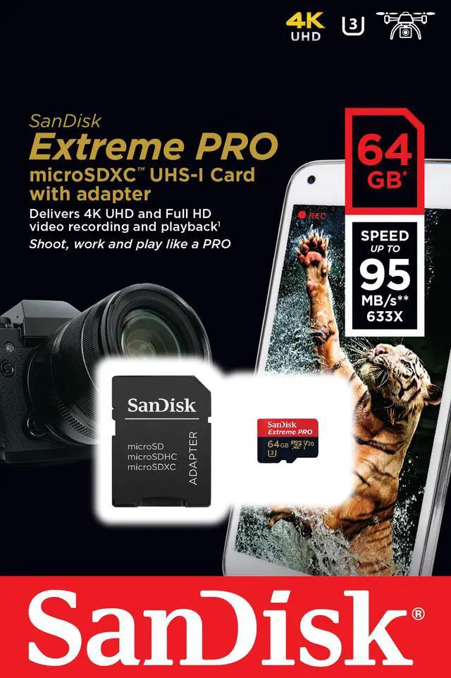 Main image of SanDisk 64GB microSD Extreme pro 95MB/s U3 V30 4K 64G microSDXC USH-I C10 SDSQXXG-064G with USB 2.0 card reader