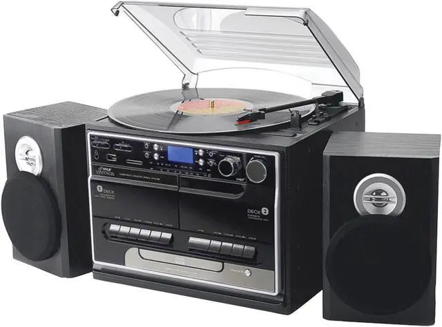 Alt view image 5 of 5 - PyleHome - Retro Vintage Bluetooth Wireless Streaming Turntable & Speaker System with Vinyl to USB Recording, Dual Cassette Decks, CD Player, AM/FM Radio, AUX In, Line Out, USB & SD Card Readers