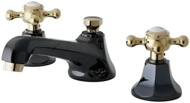 Alt view image 2 of 8 - Kingston Brass NS4469BX Water Onyx widespread lavatory faucet with brass pop-up drain, black nickel finish with polished brass trim
