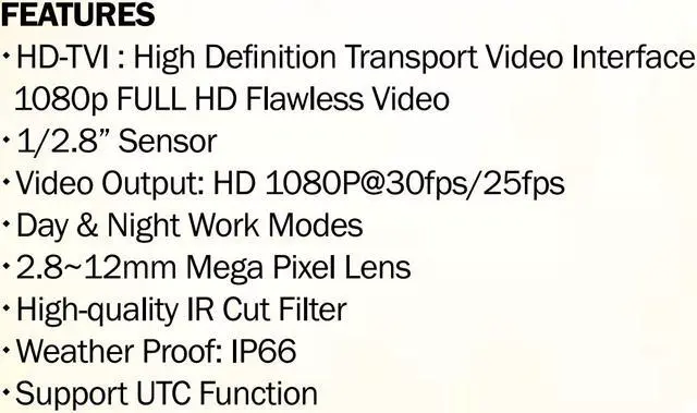 Alt view image 3 of 3 - Eyemax TIR-0412V-B HD-TVI 2MP Outdoor Bullet Camera, 2.8-12mm, 42 IR LED 12V DC