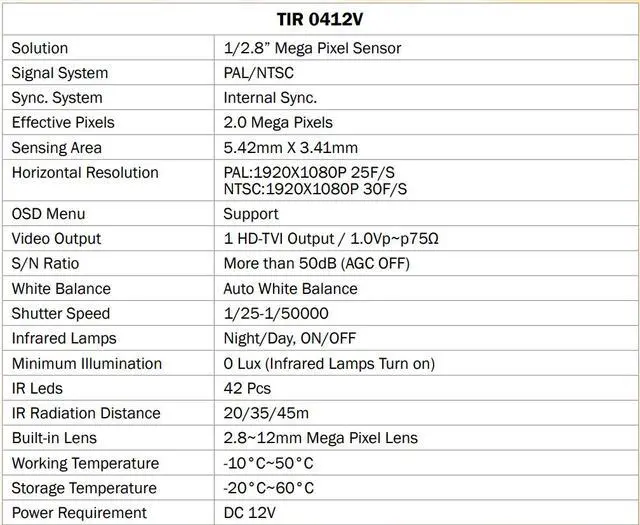 Alt view image 2 of 3 - Eyemax TIR-0412V-B HD-TVI 2MP Outdoor Bullet Camera, 2.8-12mm, 42 IR LED 12V DC