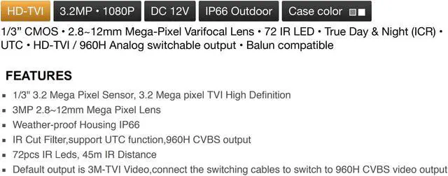 Alt view image 3 of 3 - Eyemax TIR-B3072V-W HD-TVI 3MP Outdoor Bullet Camera, 2.8-12mm, 72 IR LED 12V DC