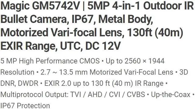 Alt view image 3 of 4 - Eyemax Magic series TIR-GM5742V-W HD-TVI 5MP Outdoor Bullet IR Camera, 2.7mm-13.5 mm Motorized 12V DC