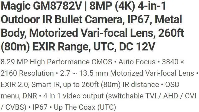 Alt view image 2 of 4 - Eyemax Magic series TIR-GM8742V-W HD-TVI 8MP 4K UHD Outdoor Bullet IR Camera, 2.7mm-13.5 mm Motorized 12V DC
