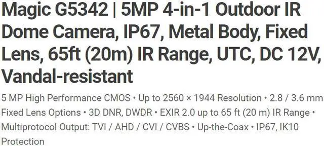 Alt view image 3 of 4 - Eyemax TIT-G5342-W36 5MP HD-TVI IR Vandal DOME Camera 3.6mm 12V DC