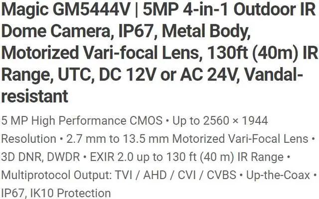 Alt view image 3 of 4 - Eyemax Magic Series TIT-G5444V 5MP HD-TVI IR Vandal DOME Camera 5X Motorized Dual Power ( 12VDC & 24V AC )