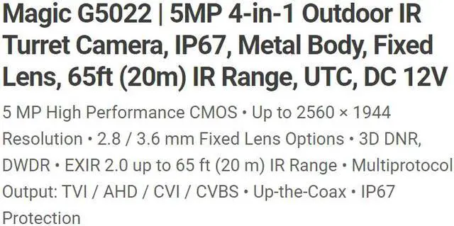 Alt view image 2 of 5 - Eyemax Magic series TIU G5022 5MP Outdoor IR Turret Camera, IP67, Metal Body 2.8mm 12V DC