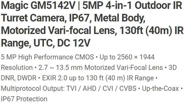Alt view image 3 of 5 - Eyemax Magic series TIU GM5142V 5MP Outdoor IR Turret Camera, IP67, Metal Body 5X Motorized