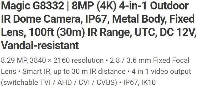 Alt view image 4 of 4 - Eyemax TIT-G8332-W28 8MP 4K UHD HD-TVI IR Vandal DOME Camera 2.8mm wide 12V DC