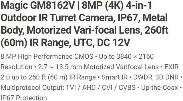 Alt view image 5 of 5 - Eyemax Magic series TIU GM8162V 8MP 4K UHD Outdoor IR Turret Camera, IP67, Metal Body 5X Motorized