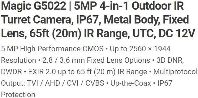 Alt view image 2 of 5 - Eyemax Magic series TIU G5022 5MP Outdoor IR Turret Camera, IP67, Metal Body 3.6mm 12V DC