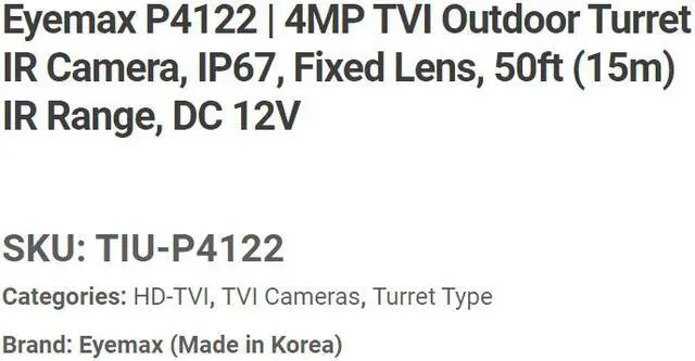 Alt view image 2 of 3 - Eyemax TIU-P4122-B28 4MP HD TVI, In/Outdoor IR Turret Camera, 2.8mm Grey ( Made In Korea ) 12V DC ( Upgraded to TIU-MP4132 2.8-12mm same Casing )